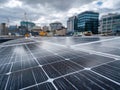 Close-up of solar panel installation on urban rooftop, overcast sky background - AI-Generated Royalty Free Stock Photo