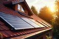 Close-up of solar panels on the roof of a house, Generative AI Royalty Free Stock Photo