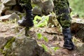 Close up of soldier climbing on rocks in forest