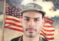 Close up of soldier face in front of american flag