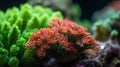 a close up of some corals and algaes in a tank with water in the foreground and a dark background with a few other corals in the Royalty Free Stock Photo