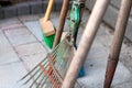 Close up of some Gardening tools. focused on a Rake