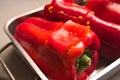 Close-up of some raw peppers stuffed with rice ready to be baked