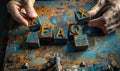 Close-up of someones hands arranging wooden blocks with letters spelling FAQ on a rustic, aged metallic surface