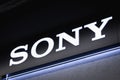 Close-up on the SONY logo on a decorative wall in store