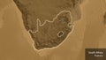 Shape of South Africa. Glowed. Sepia elevation. Labels