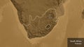 Shape of South Africa. Outlined. Sepia elevation. Labels