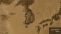 Shape of South Korea. Bevelled. Sepia elevation. Labels