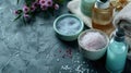 Close-up of spa products like lotions, scrubs,