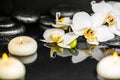 Close up of spa setting of white orchid phalaenopsis, candles and black zen stones with drops on water with reflection Royalty Free Stock Photo