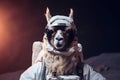 close up space astronaut llama on moon surface, with sun and dark space background, Generative AI