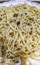 Close-up of Spaghetti aglio olio. Spaghetti pasta with garlic. Selective focu Royalty Free Stock Photo