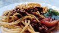 Close up of spaghetti with bolognese sauce. Royalty Free Stock Photo