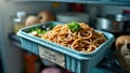 Close-up of spaghetti leftovers in a refrigerator tray with vegetables Royalty Free Stock Photo
