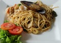 Close up of Spaghetti with shrimp, squid , mussels and vegetable