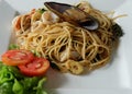 Close up of Spaghetti with shrimp, squid , mussels and vegetable Royalty Free Stock Photo