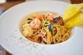 spaghetti on white plate in resterant Royalty Free Stock Photo