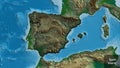 Spain border shape overlay. Bevelled. Physical. Labels