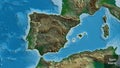 Spain border shape overlay. Outlined. Physical. Labels