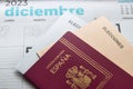 Close-up of a Spanish passport and ballots prepared for the December general elections in Spain