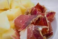 Close up of spanish serrano ham with melon Royalty Free Stock Photo