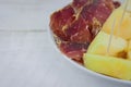 Close up of spanish serrano ham with melon Royalty Free Stock Photo