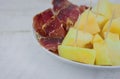 Close up of spanish serrano ham with melon Royalty Free Stock Photo