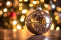 Close-Up of a Sparkling Holiday Ornament Capturing Reflections of Twinkling Lights