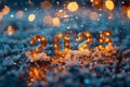Close-up of sparkling, illuminated 2025 against dark blue background with snowy texture and twinkling lights