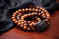 close-up of sparse wood beads, accessories for qi gong