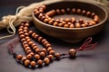 close-up of sparse wood beads, accessories for qi gong