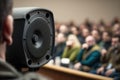 close-up of speaker, with view of audience in the background, delivering presentation