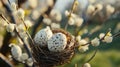 Close-up of speckled Easter eggs resting on willow twigs Royalty Free Stock Photo