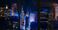 CLOSE UP: Spectacular view of Times Square at night from a luxury hotel room. Royalty Free Stock Photo