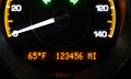 A close-up of a speedometer with yellow neon lights