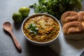 Close up of Spicy Indian dish pav bhaji or bread with masala curry