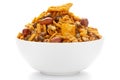 Close up of spicy Ratlami mixture Indian namkeen snacks on a ceramic white bowl. Royalty Free Stock Photo