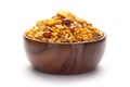 Close up of spicy Ratlami mixture Indian namkeen snacks In hand-made handcrafted wooden bowl