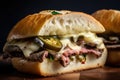 Close-up of a spicy roast beef sandwich with jalapeno peppers, pepper jack cheese, and chipotle mayo