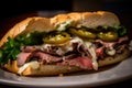 Close-up of a spicy roast beef sandwich with jalapeno peppers, pepper jack cheese, and chipotle mayo
