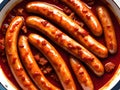 close up spicy sausage on black dish, AI generated
