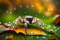 a close-up of a spider and colorful autumn leaves on green grass with tiny drops of water