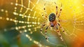 A spider weaving a delicate web, dewdrops reflecting the sunlight Royalty Free Stock Photo
