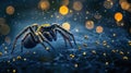 Close-up of a spider on its web at night, surrounded by glowing insects Royalty Free Stock Photo