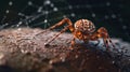 a close up of a spider on a rock with webs in the background