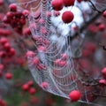 Close up of spider`s web hanging from red crab apple tree in autumn Royalty Free Stock Photo