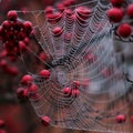 Close up of spider`s web hanging from red crab apple tree in autumn Royalty Free Stock Photo