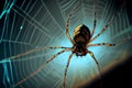 A close-up of a spider spinning its web, the delicate strands of silk stretched between its legs as it works, ai