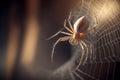 A close-up of a spider spinning its web, the delicate strands of silk stretched between its legs as it works, ai