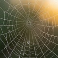 Close-up of a spider web adorned with dewdrops, creating a geometric pattern. The Royalty Free Stock Photo